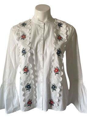 Topshop Floral Embroidered Scallop Top Bell Sleeve Cotton Button Up White